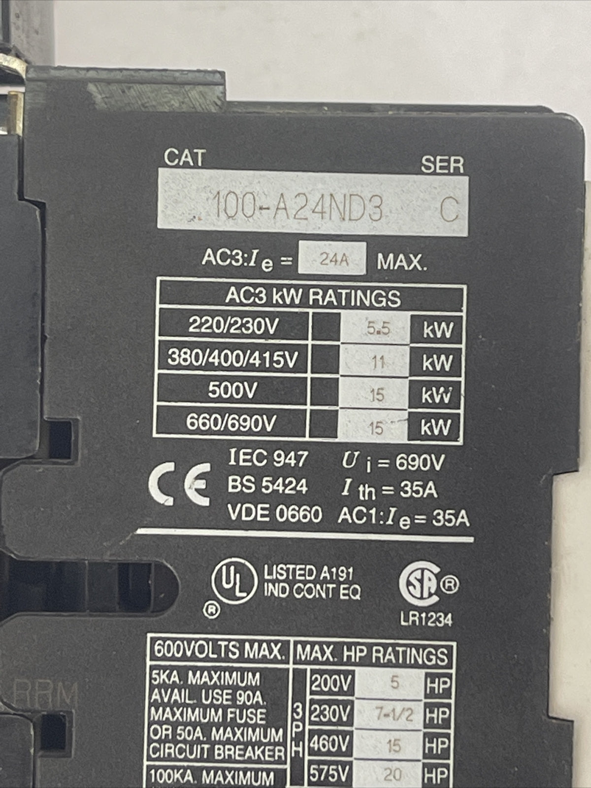 ALLEN BRADLEY STARTER 100-A24ND3 SER C CONTACTOR 24A 600VAC 20HP COIL 120V 60HZ