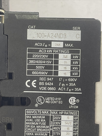 ALLEN BRADLEY STARTER 100-A24ND3 SER C CONTACTOR 24A 600VAC 20HP COIL 120V 60HZ