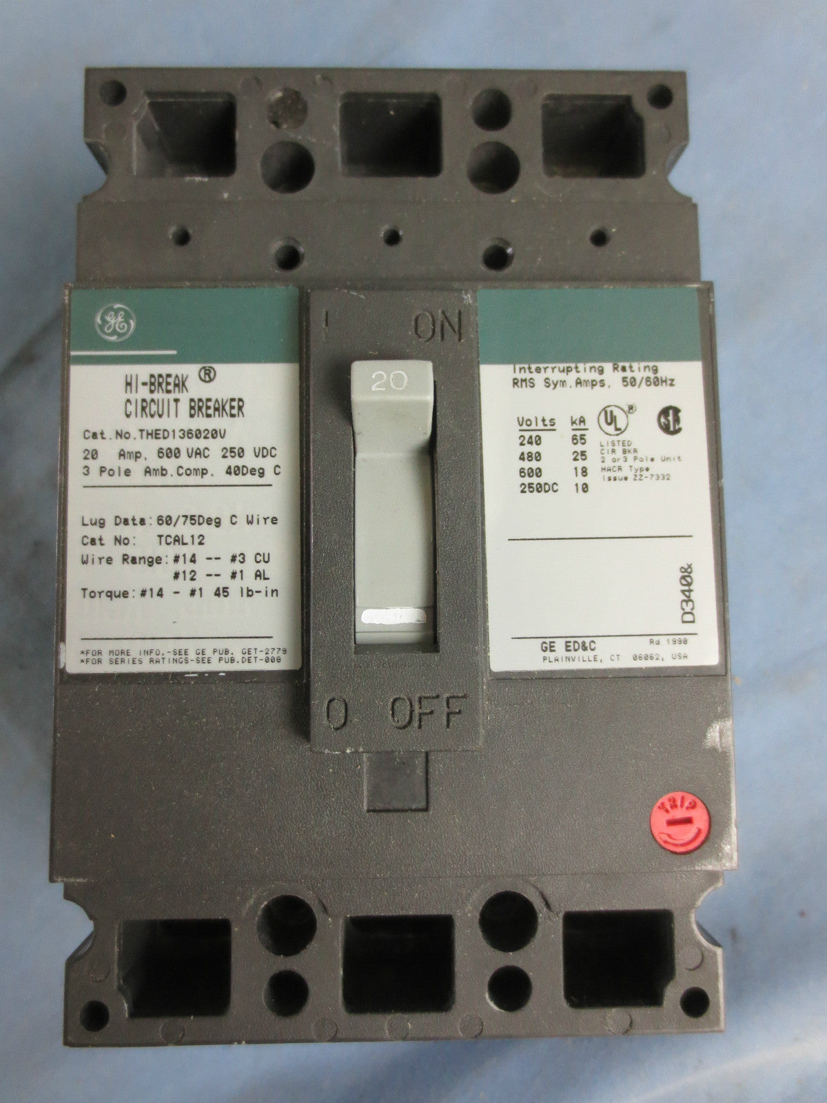 GENERAL ELECTRIC GE THED136020V CIRCUIT BREAKER, 20A, 600VAC, 3-POLE