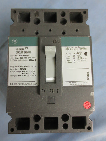 GENERAL ELECTRIC GE THED136020V CIRCUIT BREAKER, 20A, 600VAC, 3-POLE