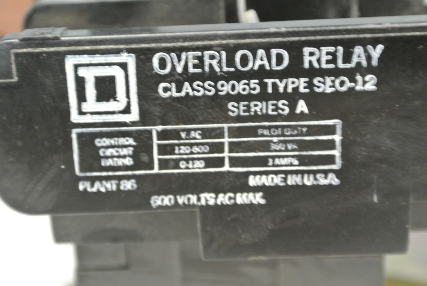SQUARE D 9065 SEO-12 THERMAL OVERLOAD RELAY / 600VAC / 360VA / 0-120VAC / 3A