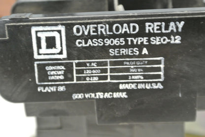 SQUARE D 9065 SEO-12 THERMAL OVERLOAD RELAY / 600VAC / 360VA / 0-120VAC / 3A