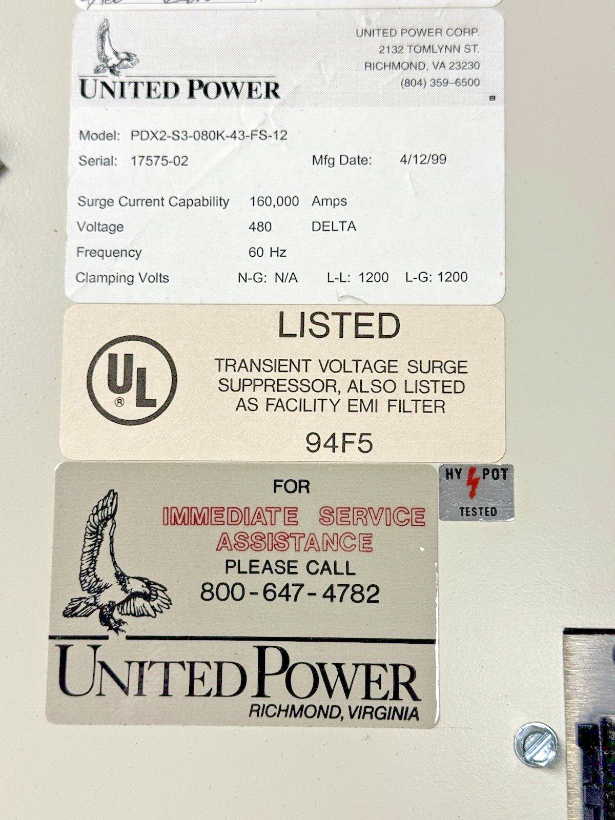 UNITED POWER - PDX2-S3-080K-43-FS-12 - TRANSIENT VOLTAGE SURGE SUPPRESSOR - 480V