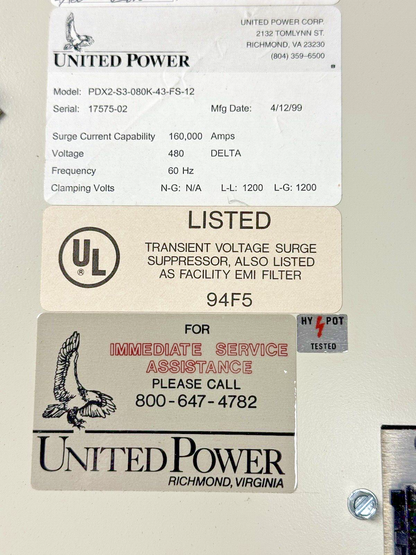 UNITED POWER - PDX2-S3-080K-43-FS-12 - TRANSIENT VOLTAGE SURGE SUPPRESSOR - 480V