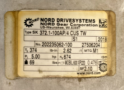 NORD 372.1-100AP/4 CUS TW GEAR MOTOR 5HP 230/460 3.70KW 1760RPM 13.3/6.67A
