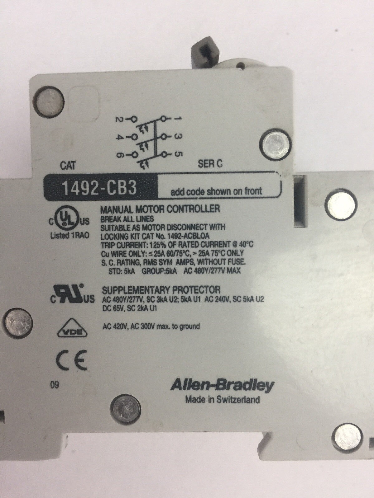 ALLEN BRADLEY 1492-CB3 MANUAL MOTOR CONTROLLER SER C 30A 20HP 480Y/277VAC 3PH