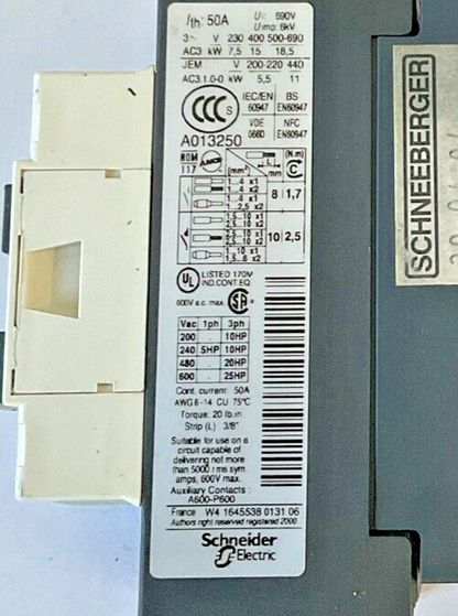 SCHNEIDER ELECTRIC LC1D32 BL CONTACTOR 24VDC 50A