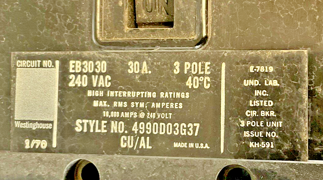 WESTINGHOUSE EB3030 CIRCUIT BREAKER 240VAC 30 3POLE ****LOTOF2****