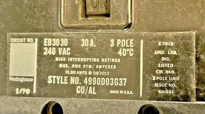 WESTINGHOUSE EB3030 CIRCUIT BREAKER 240VAC 30 3POLE ****LOTOF2****