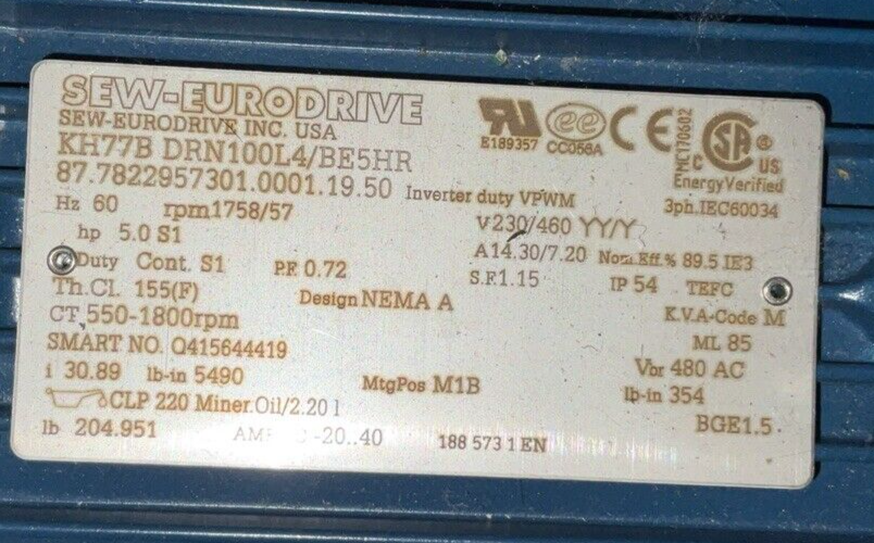SEW-EURODRIVE KH77B DRN100L4/BE5HR GEARMOTOR rpm 1758/57 V230/460 YY/Y HZ 60