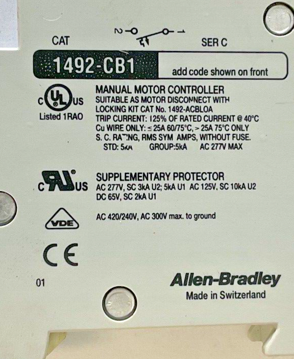 ALLEN BRADLEY 1492-CB1 G200 CIRCUIT BREAKER  2A SER.C 3HP 277VAC 1PH**LOTOF2**