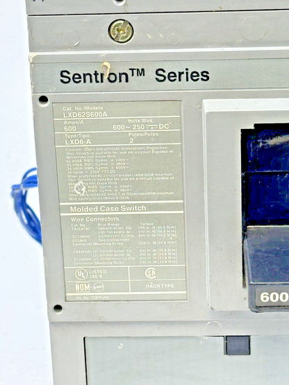 SIEMENS - LXD62S600A - SWITCH W/ U10JLD6 UNDERVOLTAGE TRIP - 2 POLE/600A/600VAC