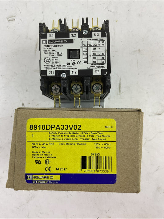 SQUARE D 8910DPA33V02 CONTACTOR 40A RES 600VAC COIL 120VAC 60HZ 110VAC 50HZ 20HP
