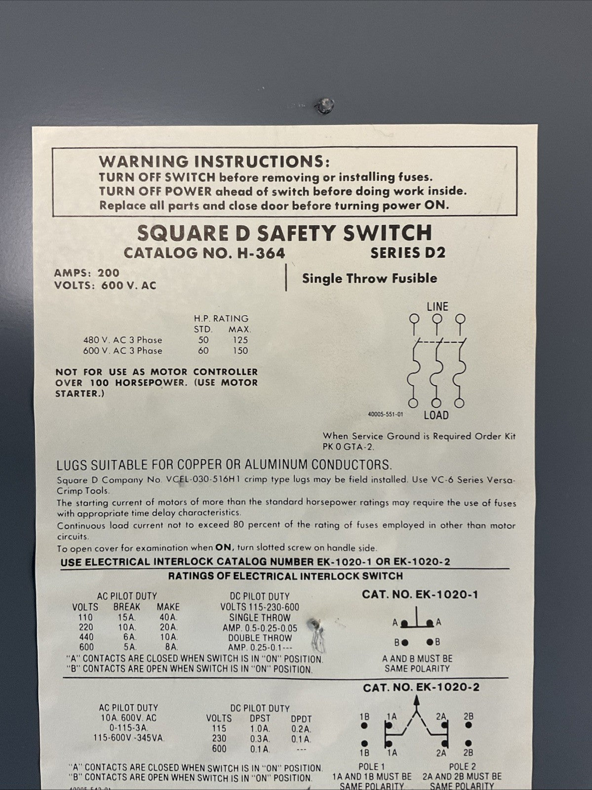 SQUARE D H364 SERIES D2 FUSIBLE SAFETY SWITCH 600VAC 200AMP 3POLE 3PH 150HP