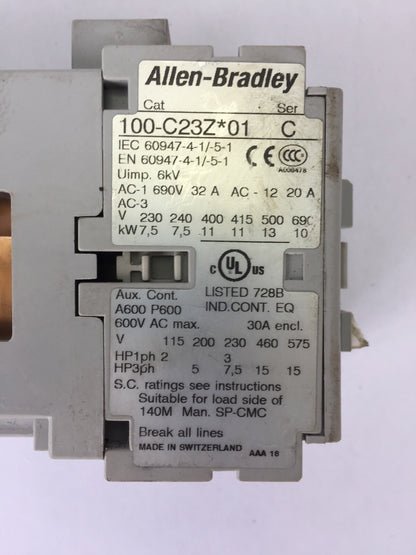 ALLEN BRADLEY 100-C23Z*01 CONTACTOR 600VAC 15HP 30A COIL 24VDC