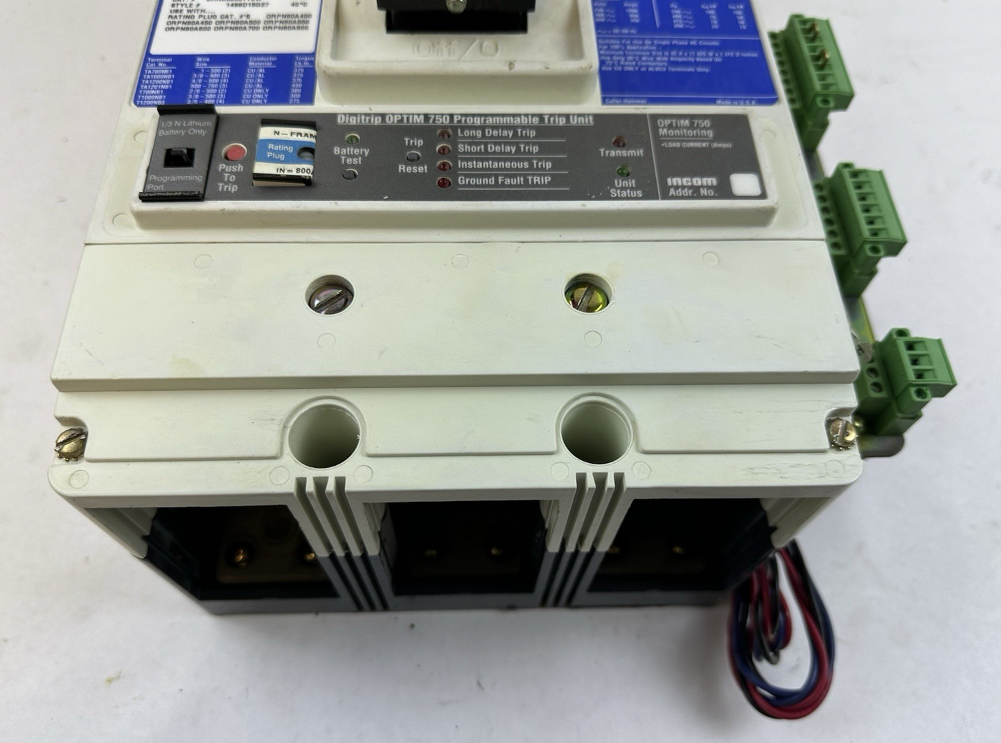 CUTLER HAMMER CHND3800T76W 800A 600V 3P CIRCUIT BREAKER W/DIGITRIP 750 TRIP UNIT