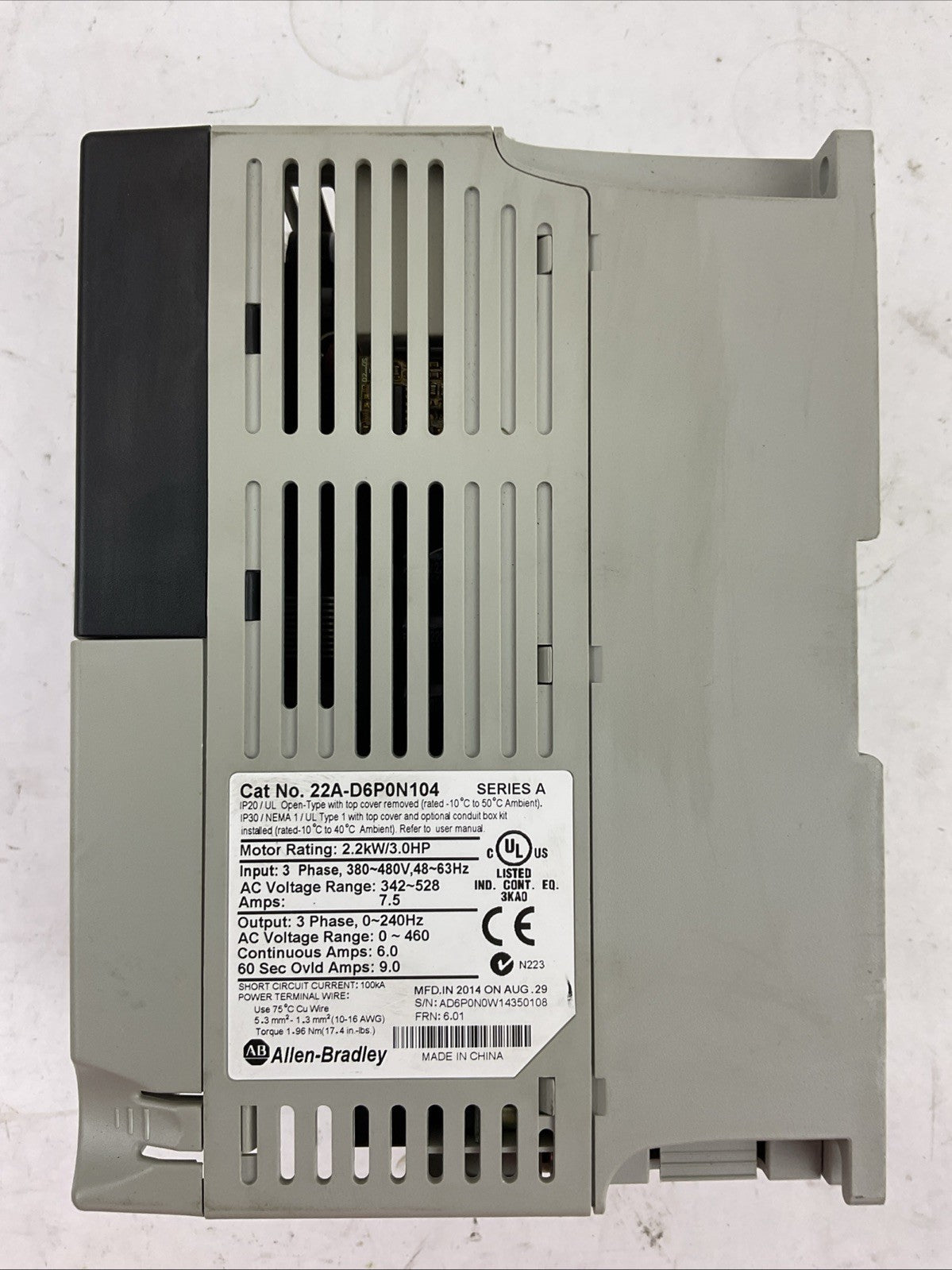 ALLEN BRADLEY 22A-D6P0N104 SER A FRN: 6.01 AC DRIVE 2.2kW 3.0HP OUTPUT 0-460VAC