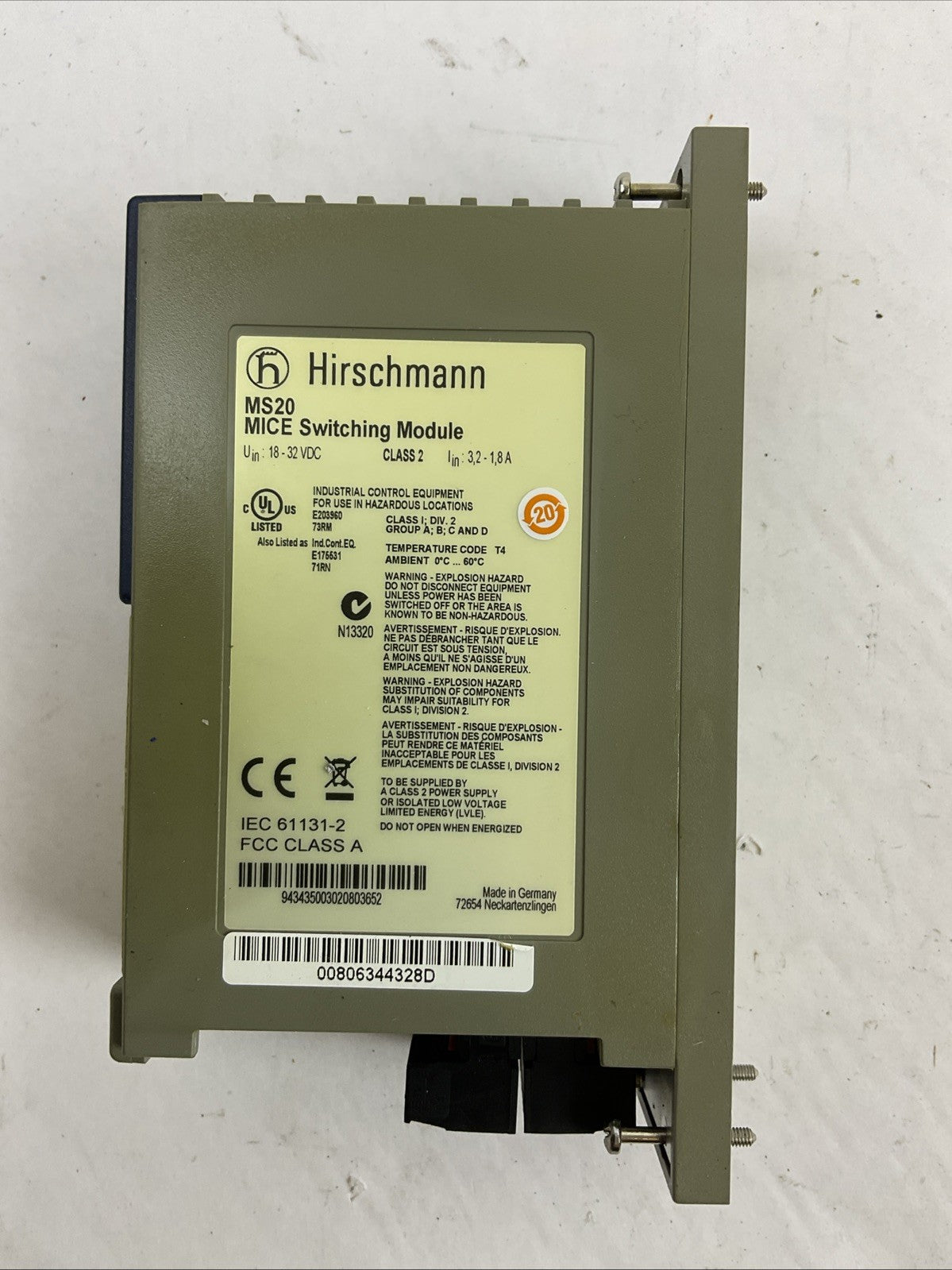 HIRSCHMANN MS20-1600SAAEHH02.0.02 ETHERNET SWITCH MICE SWITCHING MODLULE