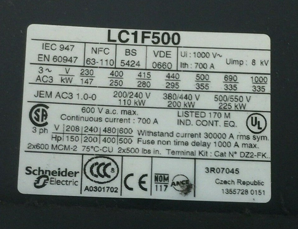 TELEMECANIQUE LC1 F500 CONTACTOR 600VAC 500HP 700A LX1FK110 110-120V LADN11 LA1