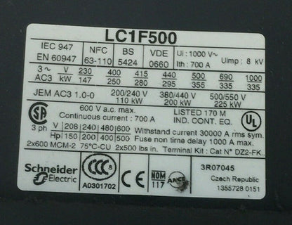 TELEMECANIQUE LC1 F500 CONTACTOR 600VAC 500HP 700A LX1FK110 110-120V LADN11 LA1