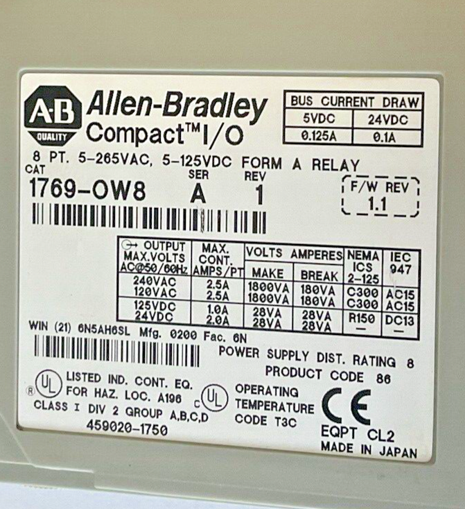 ALLEN BRADLEY 1769-OW8 RELAY MODULE SER.A REV.1 FWREV 1.1