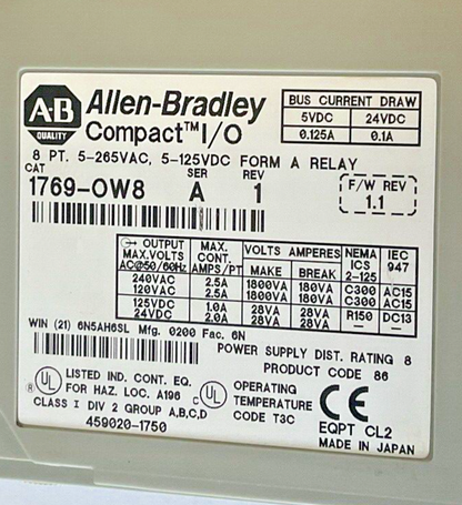 ALLEN BRADLEY 1769-OW8 RELAY MODULE SER.A REV.1 FWREV 1.1