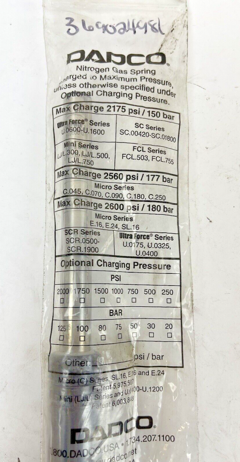 DADCO - U.0325.125 - NITROGEN GAS SPRING - 2175 PSI - 150 BAR - ULTRA FORCE