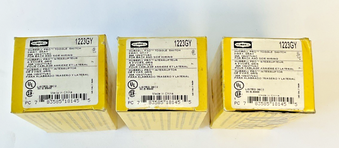 HUBBELL 1223GY TOGGLE SWITCH 3POS. 20A 120/277VAC ***LOTOF3***
