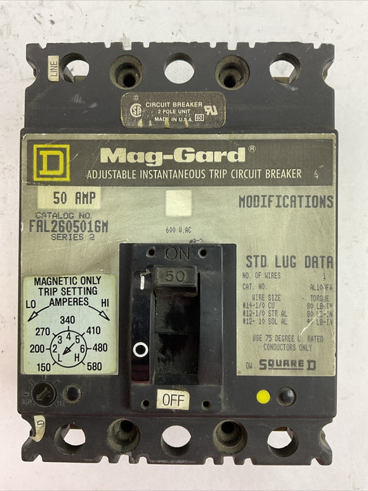 SQUARE D FAL2605016M SERIES 2 600VAC 50AMP 2POLE MAG-GARD ADJ INSTANTANEOUS TRIP