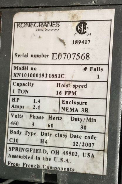 KONECRANES XN10100015T16S1C 1 TON HOIST 16FPM 1.4HP 2.1A 460V 3PH 60HZ NEMA 3R