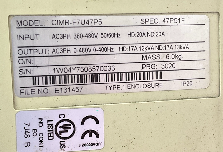 YASKAWA CIMR-F7U47P5 INVERTER DRIVE 47P51F 480V 50/60HZ VARISPEED F7