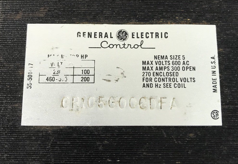 GE CR105G000DFA CONTROL NEMA SIZE 5 MAX VOLTS 600 AC MAX AMPS 300 * USED *