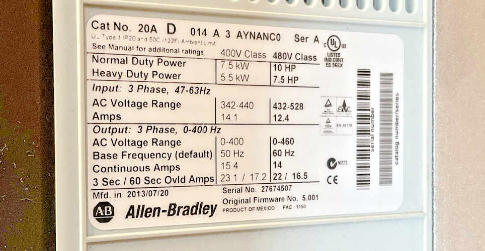 ALLEN BRADLEY 20AD014A3AYNANC0 POWER FLEX AC DRIVE 70 FRM 5.001
