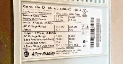 ALLEN BRADLEY 20AD014A3AYNANC0 POWER FLEX AC DRIVE 70 FRM 5.001