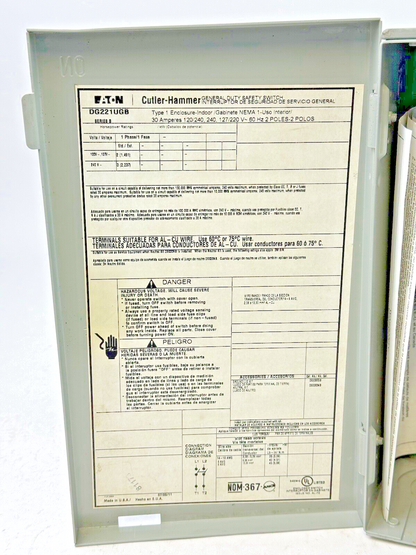 EATON - DG221UGB SER. B - GD SAFETY SWITCH - 30A/ 240VAC/ 2 POLE/ 1 PH/ TYPE 1