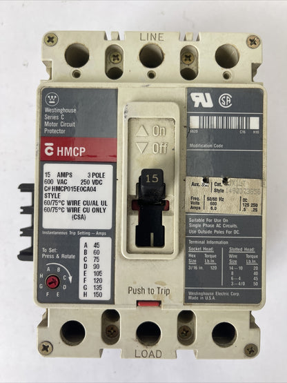 WESTINGHOUSE HMCP015E0CA04 SER C MOTOR CIRCUIT PROTECTOR 15A 600VAC 250VDC 3P