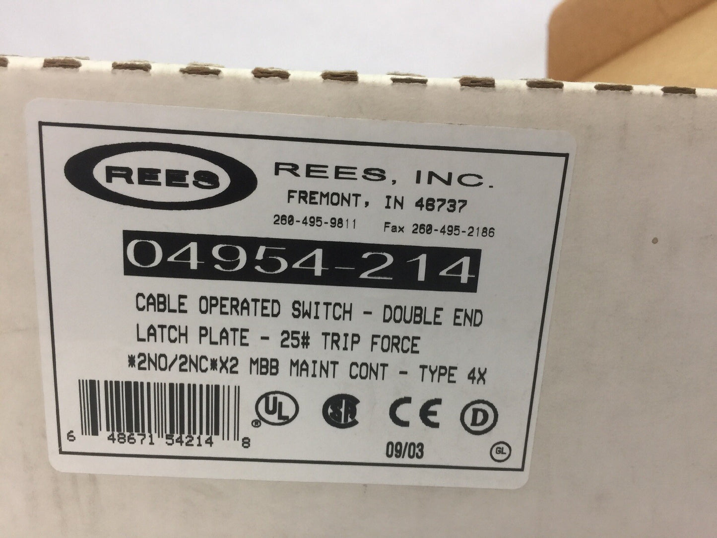 REES 04954-214 CABLE OPERATED SWITCH DOUBLE END LATCH PLATE 25# TRIP FORCE *2NO/