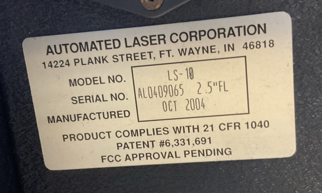 AUTOMATED LASER CORPORATION LS-10 LASER MARKER 115VAC
