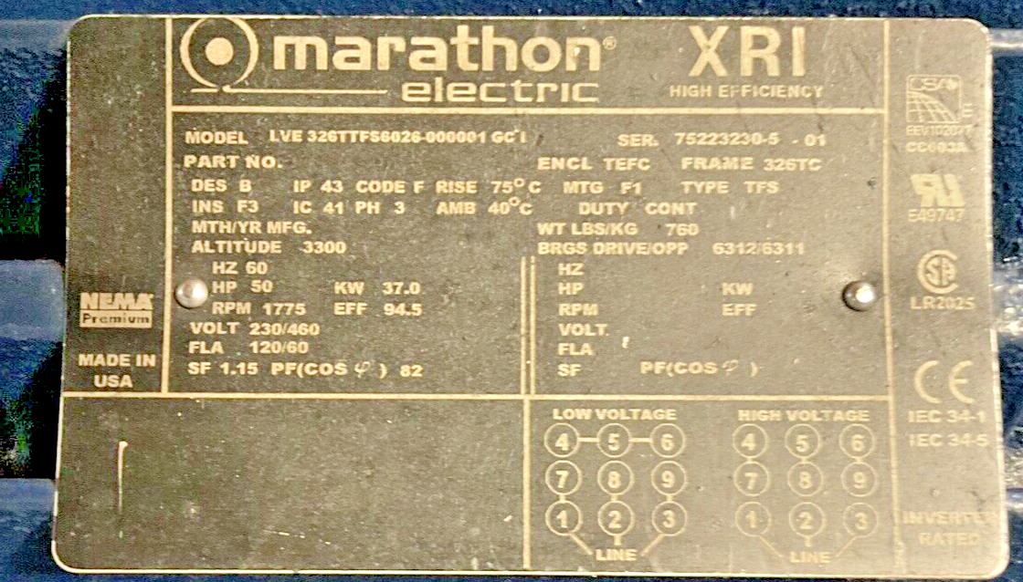 MARATHON ELECTRIC LVE 326TTFS6026-000001 GC1 MOTOR 1775RPM 50HP 326TC 37KW 60HZ