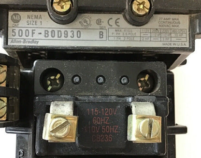 ALLEN BRADLEY 500F-B0D930 SER.B SIZE 1 CONTACTOR 600VAC 27AMP 10HP 120V COIL