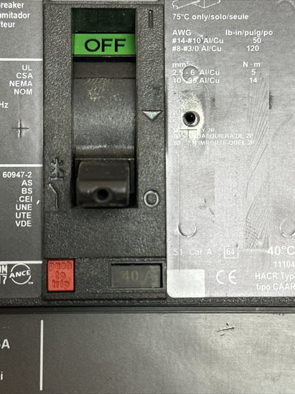 SQUARE D HJA36040YP POWER PACT CIRCUIT BREAKER 40A 600VAC 250VDC 3POLE