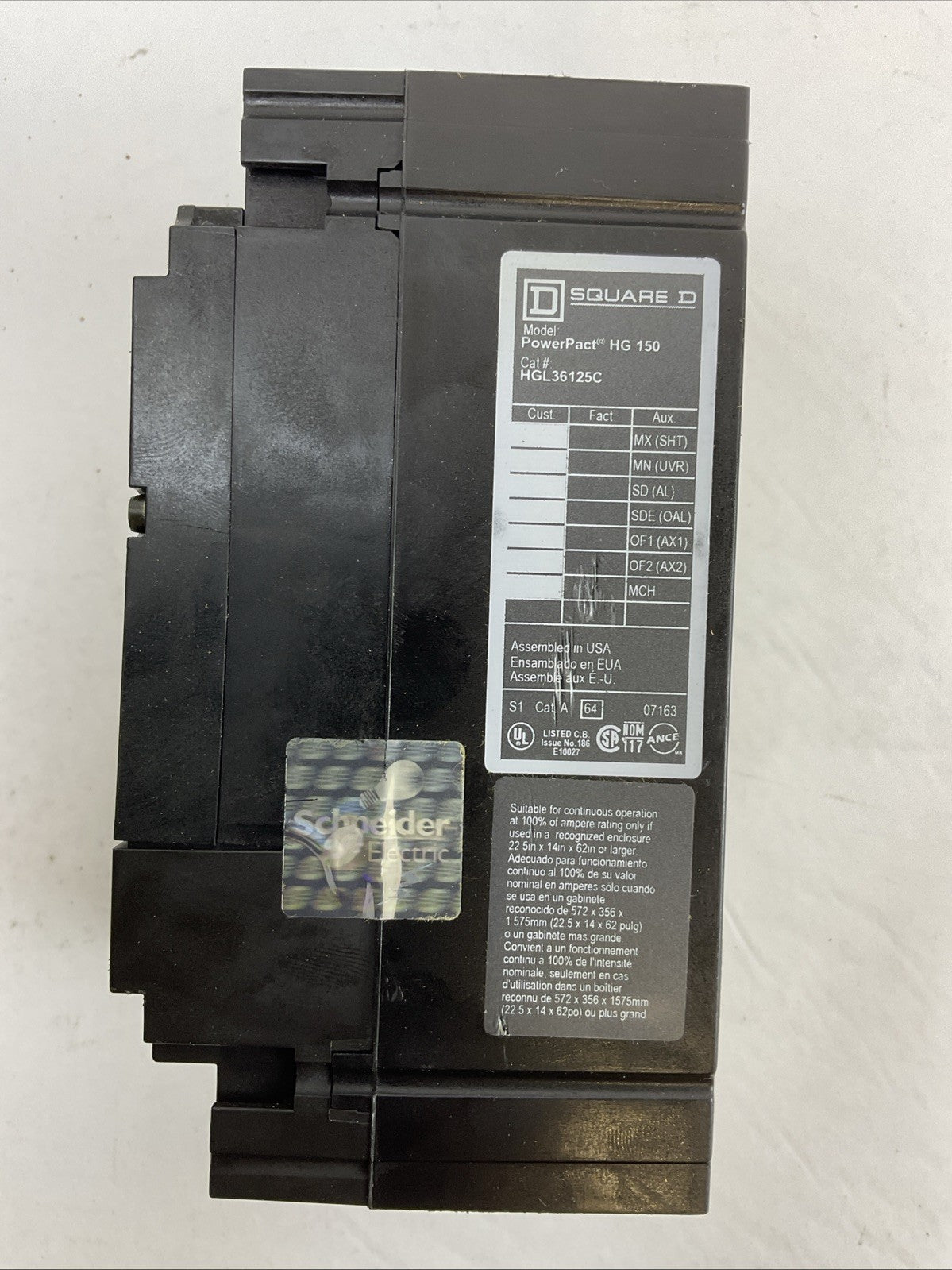 SQUARE D HGL36125C POWERPACT CIRCUIT BREAKER 125AMP 600VAC 3POLE
