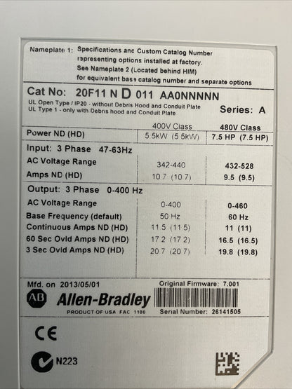 ALLEN BRADELY 20F11ND011AA0NNNNN AC DRIVE FIRMWARE 7.001 480VAC INPUT 3PH 11A