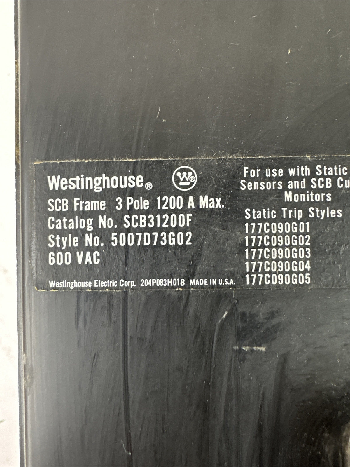 WESTINGHOUSE SCB31200F CIRCUIT BREAKER 3POLE 1200A 600VAC 5007D73G02