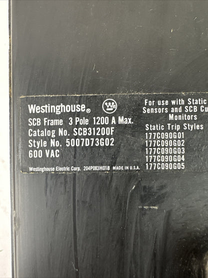 WESTINGHOUSE SCB31200F CIRCUIT BREAKER 3POLE 1200A 600VAC 5007D73G02