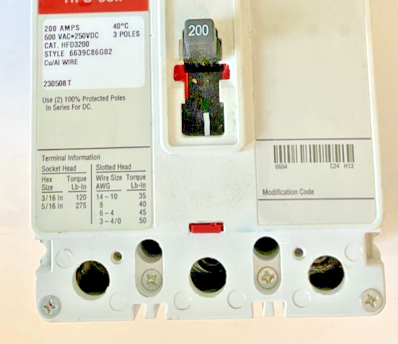 EATON HFD3200 CIRCUIT BREAKER 200AMP 3POLES 600VAC 250VDC