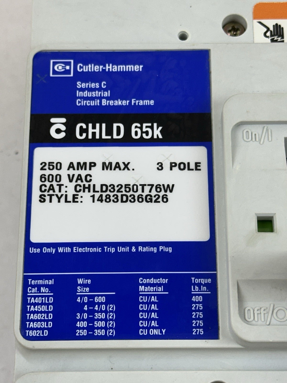 CUTLER HAMMER CHLD3250T76W 250A 600V 3P CIRCUIT BREAKER W/DIGITRIP 750 TRIP UNIT