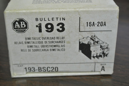ALLEN-BRADLEY 193-BSC20 BIMETALLIC OVERLOAD RELAY 16A-20A - NEW SURPLUS