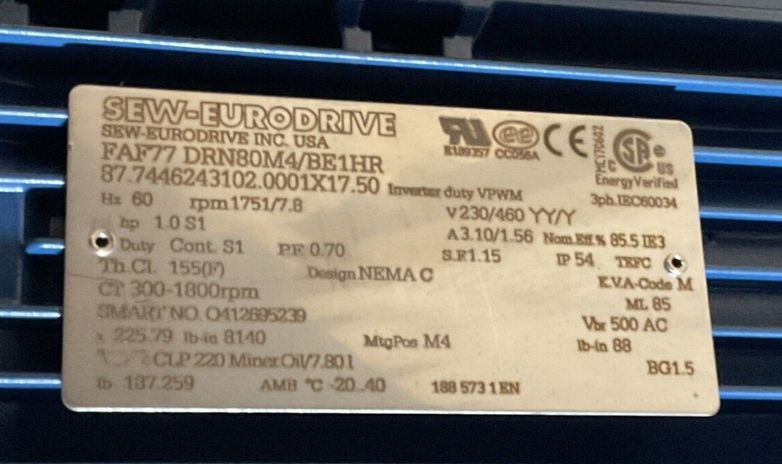 SEW-EURODRIVE FAF77 DRN80M4/BE1HR GEAR MOTOR HZ 60 rpm 1751/7.8 V230/460 Y/YY