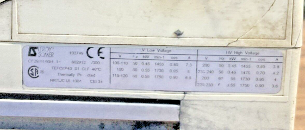 LEROY SOMER CF29PR 60/4 VACUUM PUMP ***NO POWER CORD***